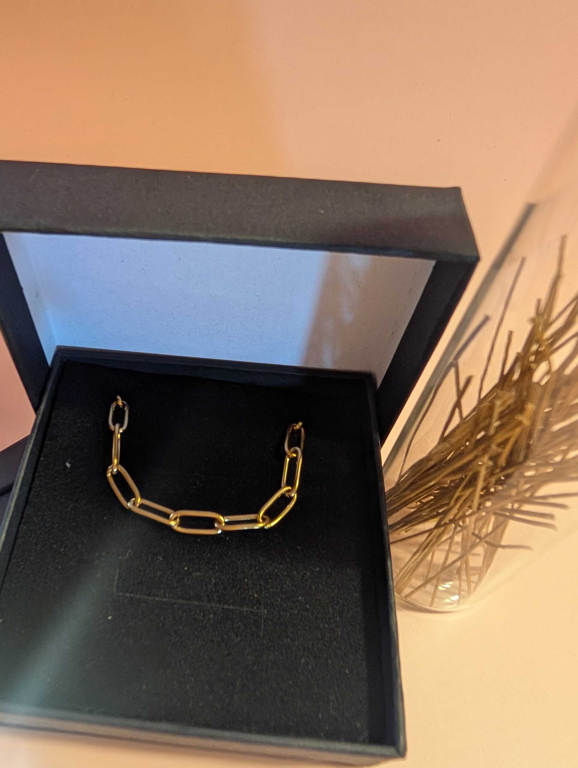 Collar gargantilla Eslabón Rectangular 4mm – Acero inoxidable dorado 316L Hipoalergénico – Base para tus Capimix de oro vegetal – 43 cm – 1U.