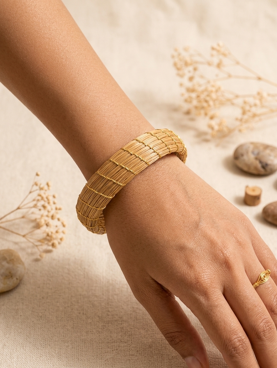 Brazalete de oro vegetal – SAFARI- Biojoya Capim dourado – Joya sostenible natural hecha a mano – Rígido – Diámetro 6,5cm – Ancho 2 cm- SLOWECO – 1U.